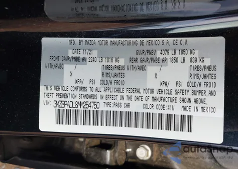 2021 Mazda 3 Premium z USA, uszkodzony, nr VIN 3MZBPADL8MM254750